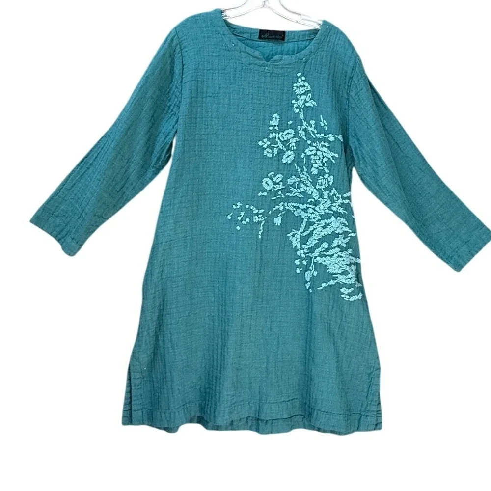 Peacock Ways 100% Linen Gauze Embroidered Tunic Dress Teal‎  Lagenlook Boho L